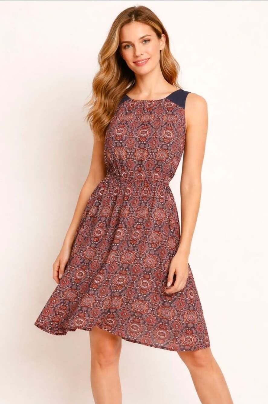 Athleta Martinique Dress Size M Red Navy Print